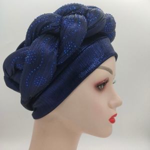 Navy B Twisted Stretchy African Turban Head Wrap Crystals Beanie Cap Headwear b…